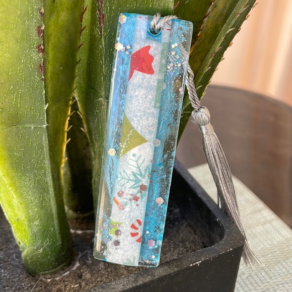 XMAS Handmade Festive Holiday Bookmark small Blue with White Strip - Picture 8 of 9